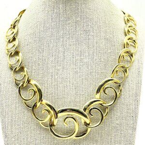 Vintage Gold Tone Necklace Interlocking Circle Link Swirl Statement